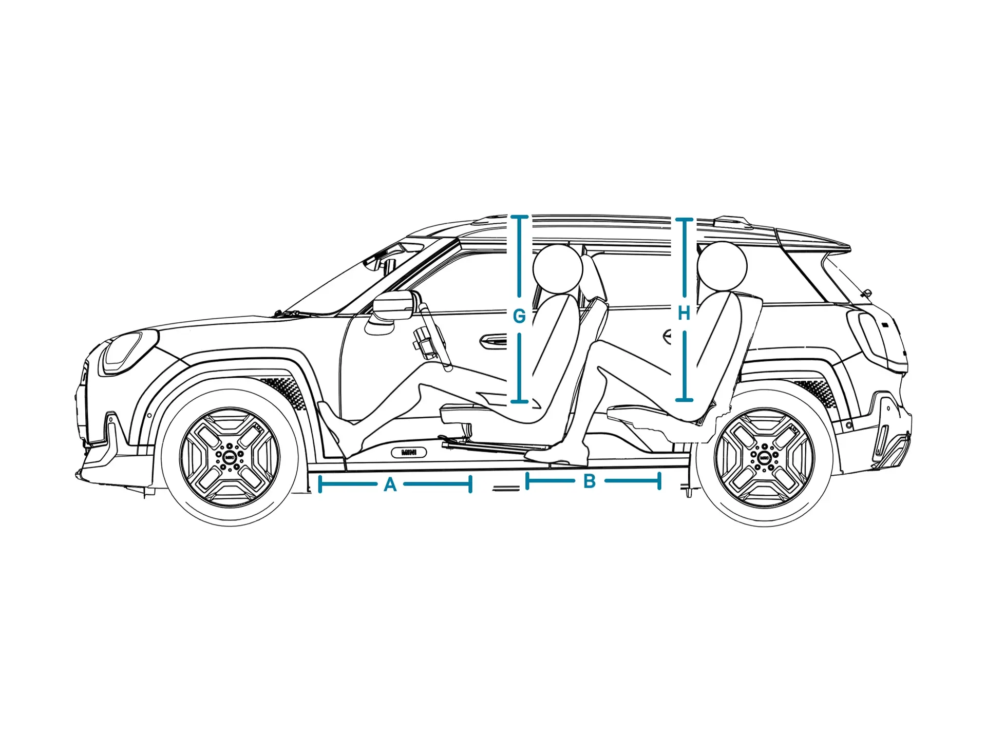 MINI Aceman Electric – Abmessungen Interieur Ansicht von der Seite