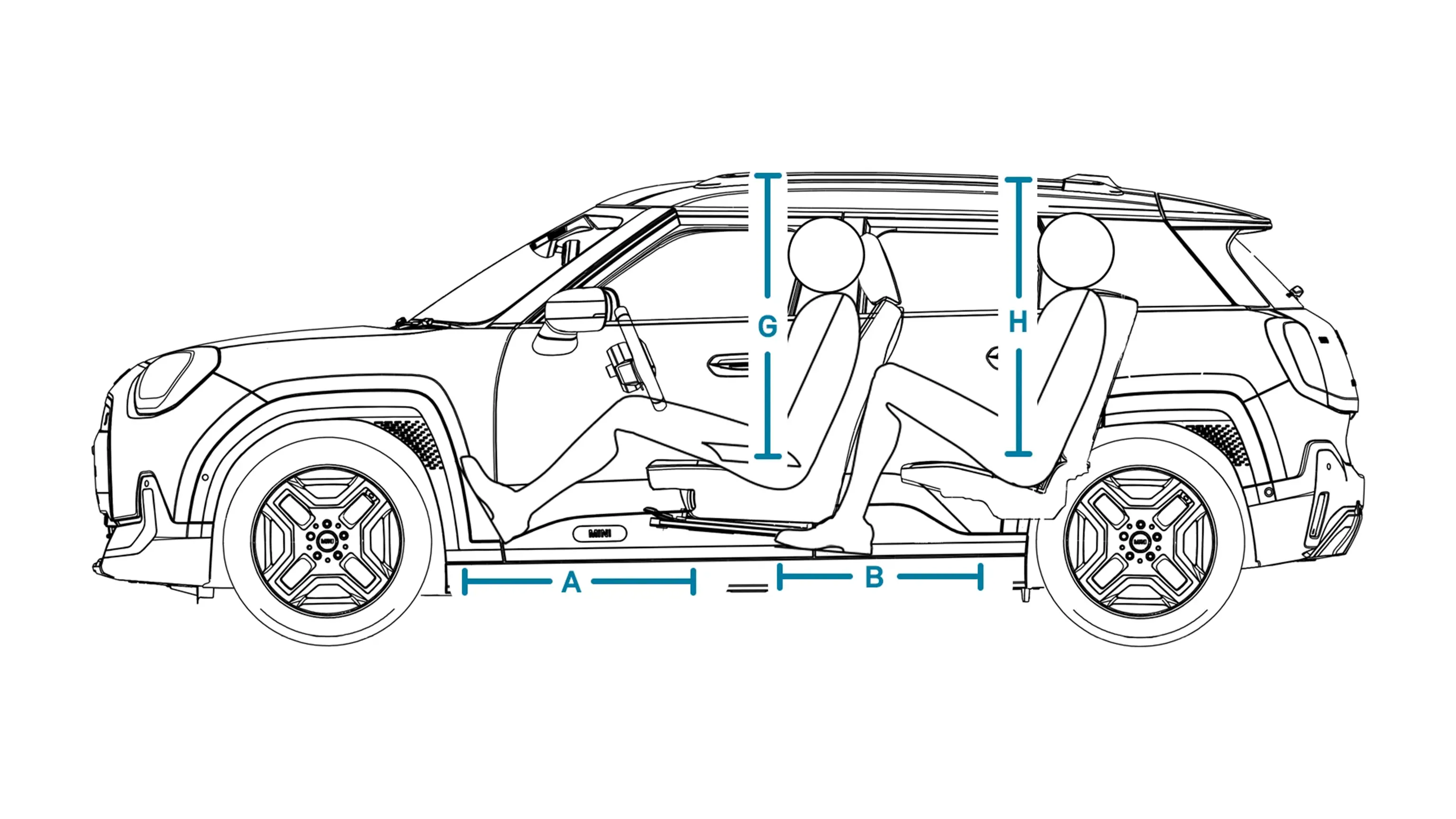 MINI Aceman Electric – Abmessungen Interieur Ansicht von der Seite