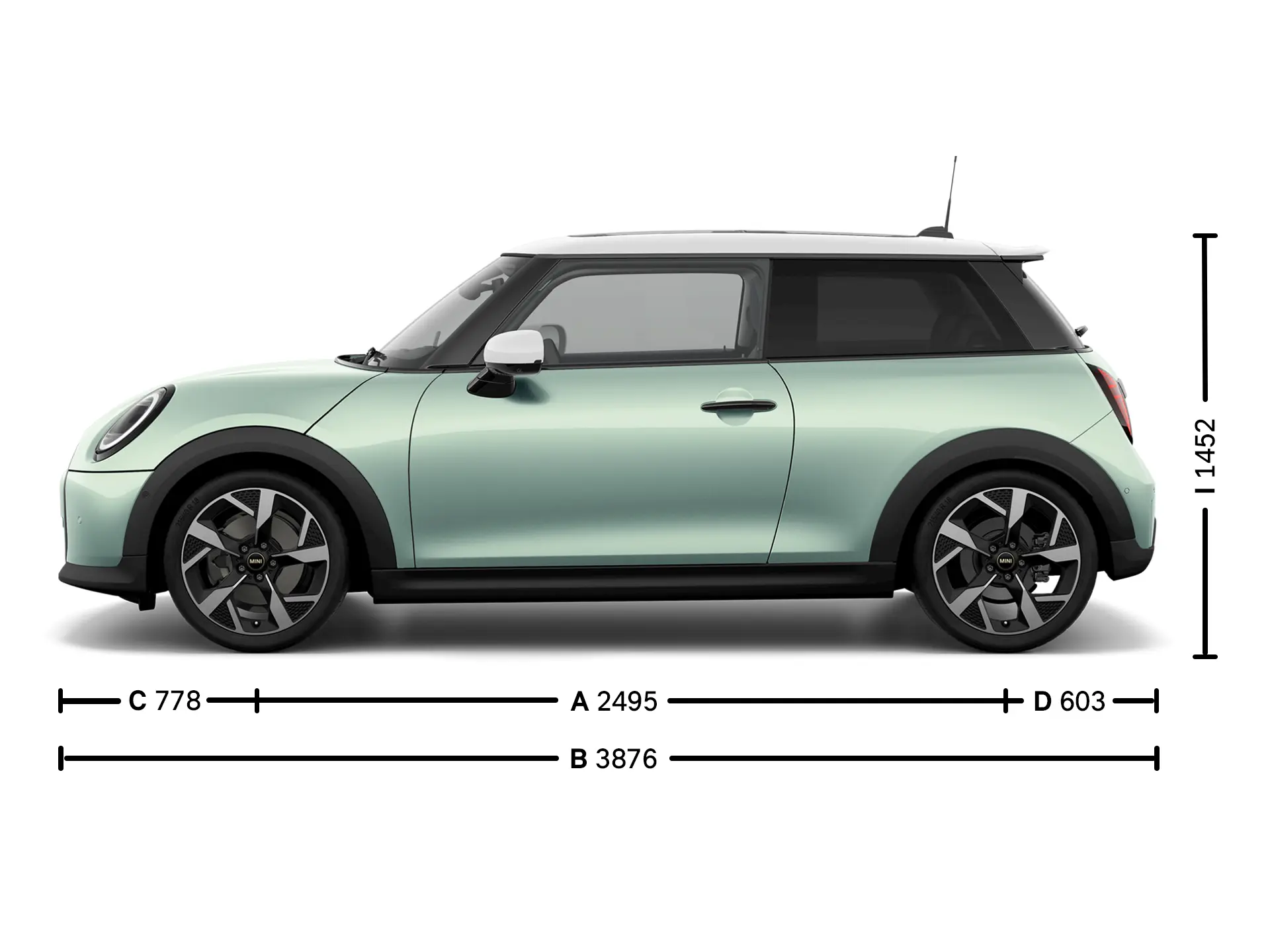 MINI Cooper 3-Türer – Abmessungen Ansicht von der Seite