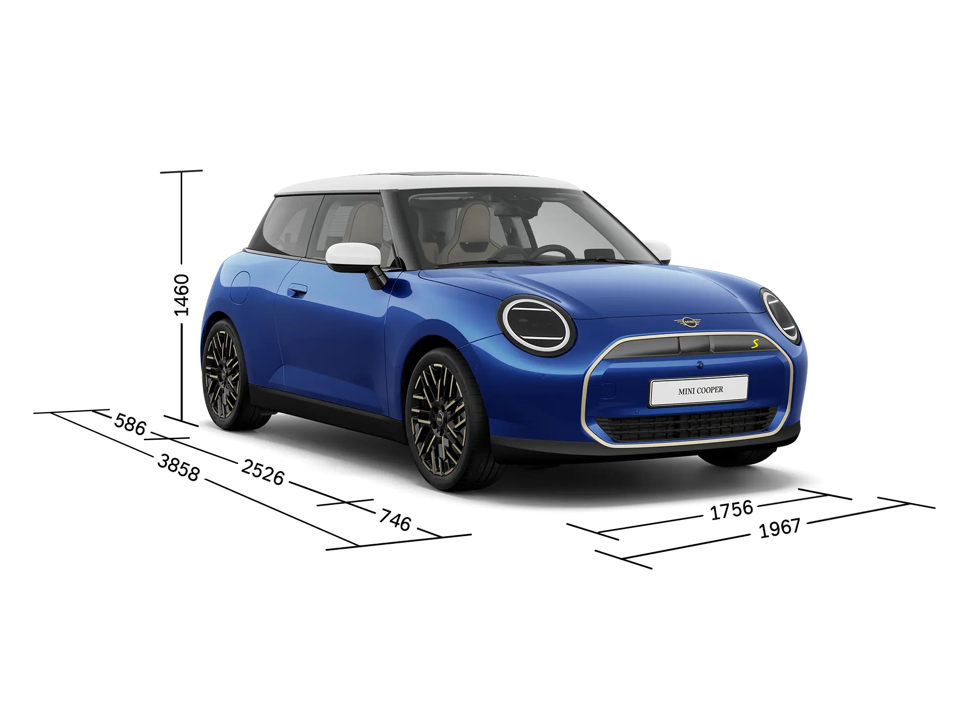 MINI Cooper Electric – Vorderansicht mit Abmessungen