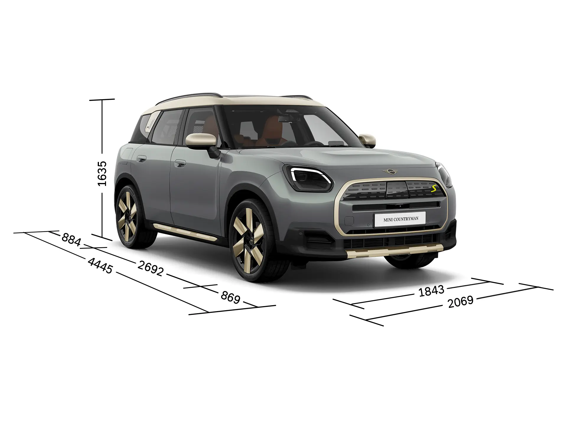 MINI Countryman Electric – Vorderansicht mit Abmessungen