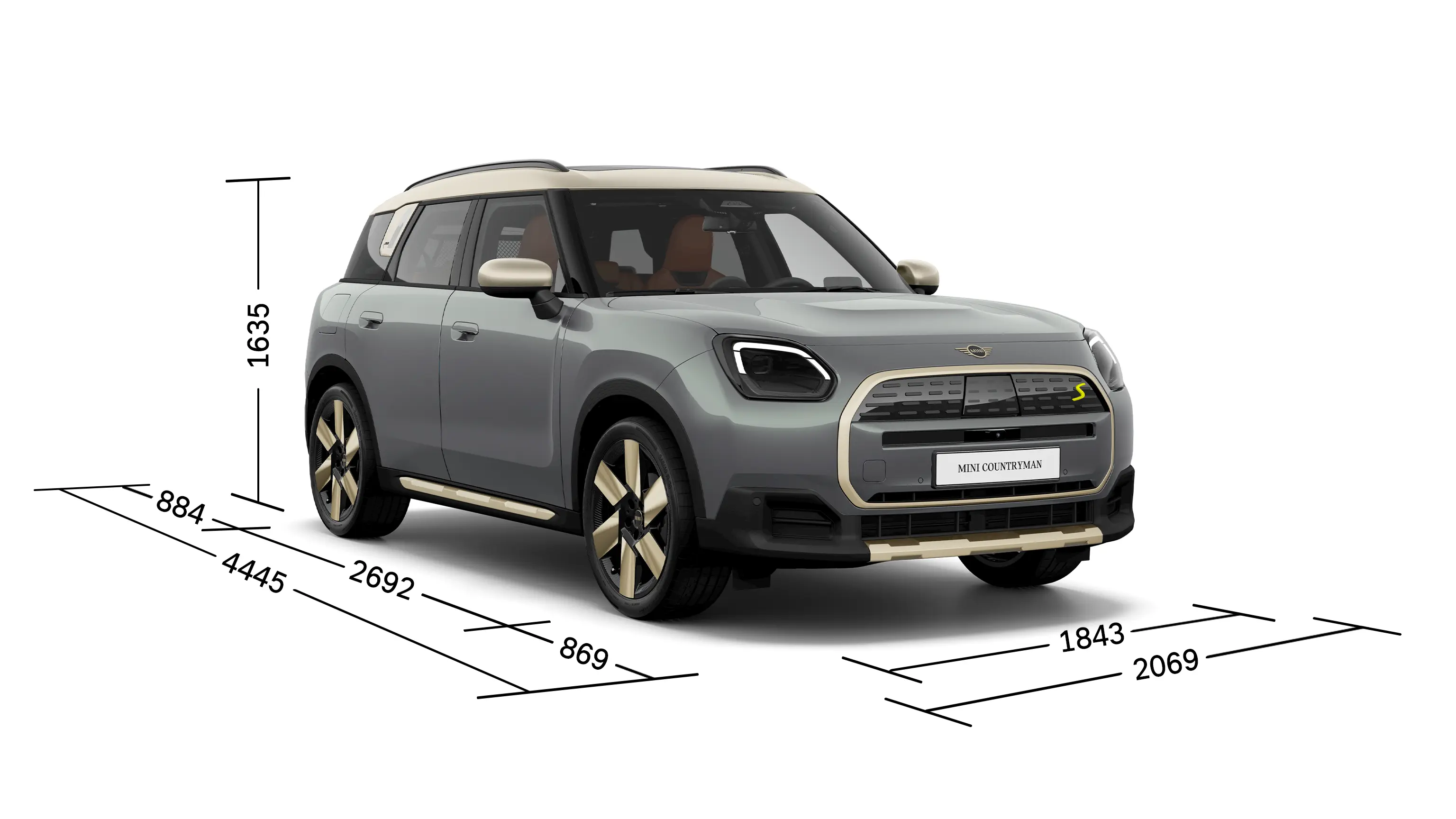 MINI Countryman Electric – Vorderansicht mit Abmessungen