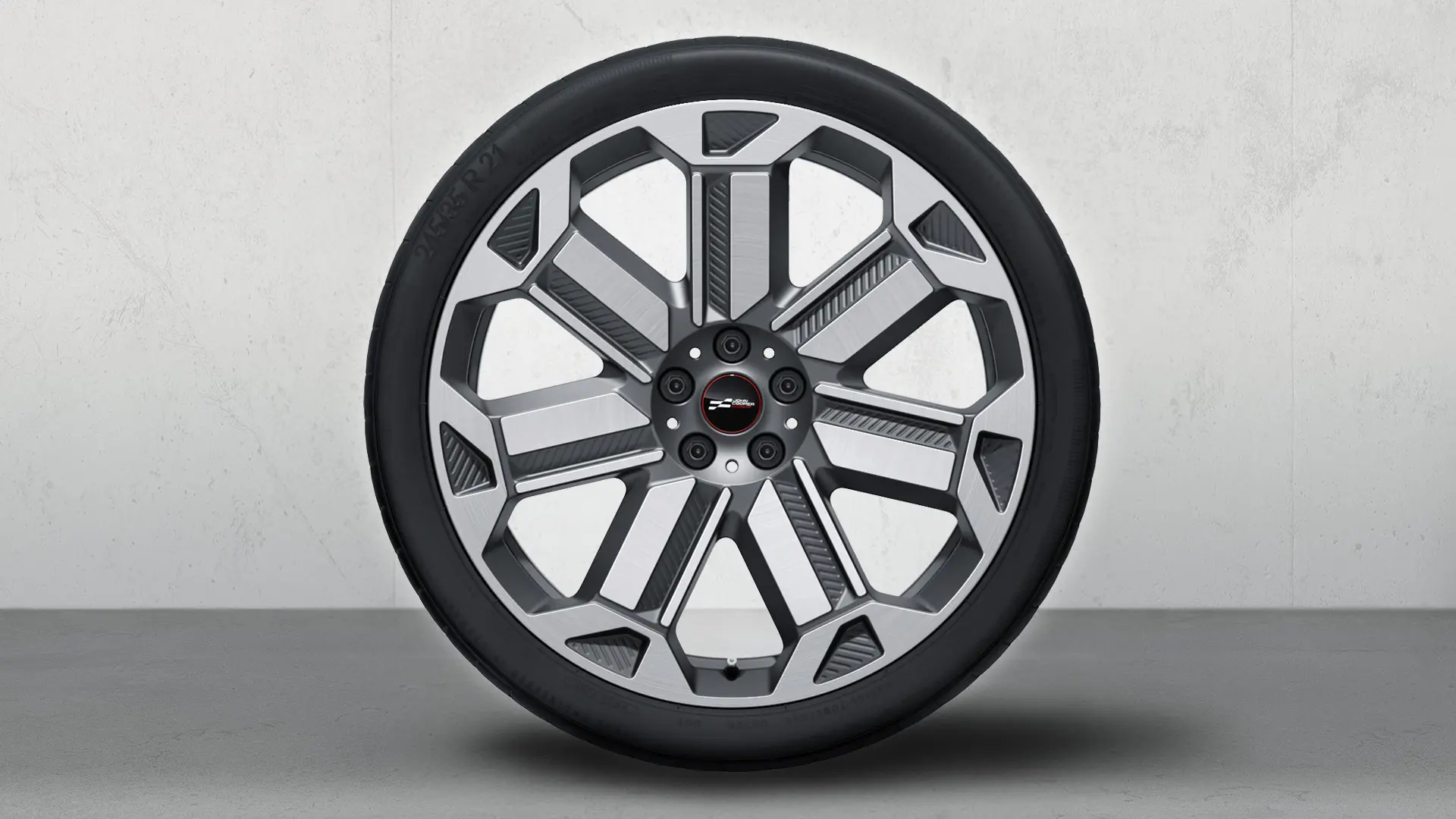 MINI 21" JCW Rallye Spoke 950 Leichtmetallräder in Bicolor Frozen Gunmetal Grey, hochglanzpoliert, alleinstehend.