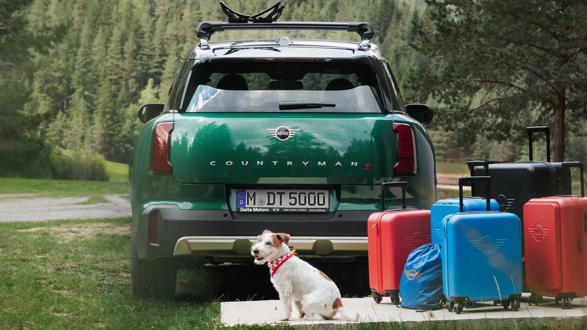 MINI Countryman in Grün mit verschiedenen Gepäckstücken aus dem MINI Lifestyle Store, die zusammen mit einem Jack Russell Terrier hinter dem Fahrzeug stehen. 